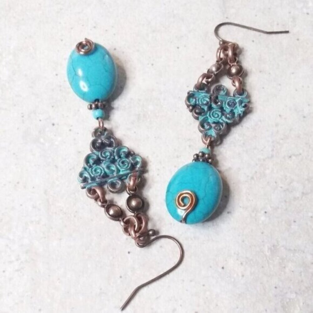 2/$25!!! Aqua Howlite + Copper Patina Painted Earrings - Big Bold Gorgeous! - Picture 9 of 12